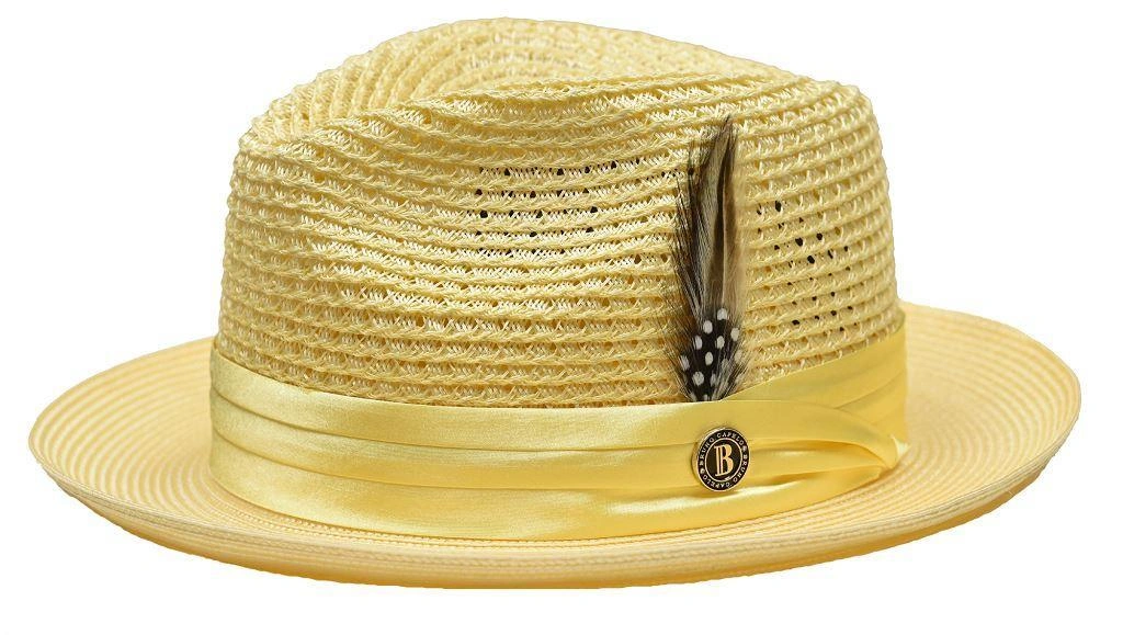 Gelber Fedora-Hut mit geflochtenem Stroh: Sommerliche Eleganz für sonnige Tage.